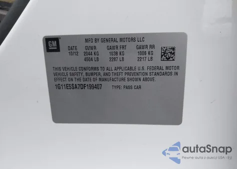 2013 Chevrolet Malibu 2Lt из США, поврежденный, VIN 1G11E5SA7DF199407